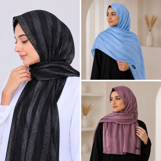Black, Plum & Sky Blue Striped Silk Hijab Pack of 3 | Save PKR 500