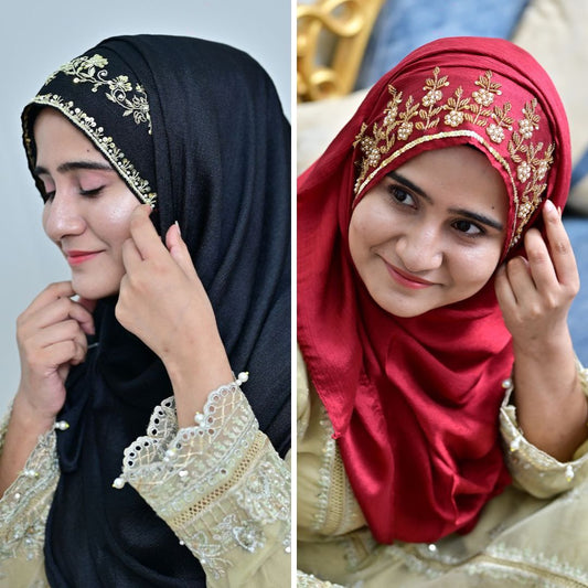 Gulrukh + Nazneen — Red & Black Designer Hijab Pack of 2 | Save PKR 500