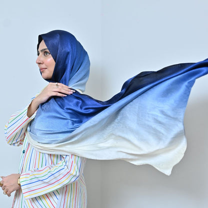 Nilofar — Ivory to Royal Blue Ombré Silk Hijab | Designer Silk Hijab Pakistan