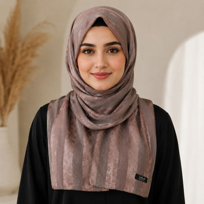Khaki — Rose Taupe Jacquard Stripe Silk Hijab | Neutral Luxury Hijab Pakistan