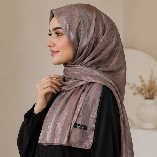 Khaki — Rose Taupe Jacquard Stripe Silk Hijab | Neutral Luxury Hijab Pakistan