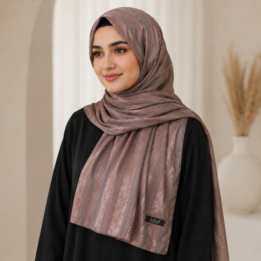 Khaki — Rose Taupe Jacquard Stripe Silk Hijab | Neutral Luxury Hijab Pakistan
