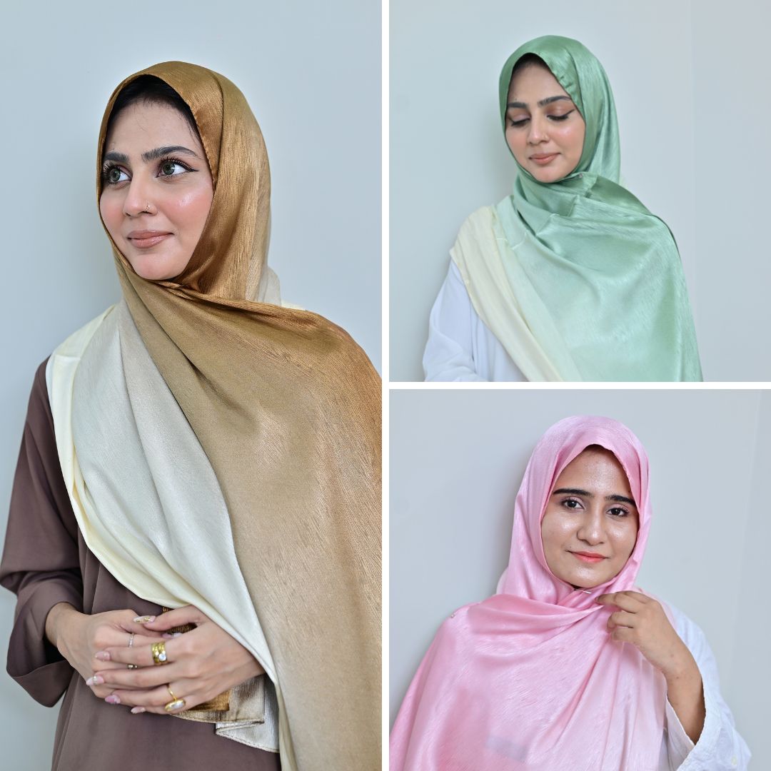 Camel, Light Pink & Sage Green Ombré Silk Hijab Pack of 3 | Save PKR 600