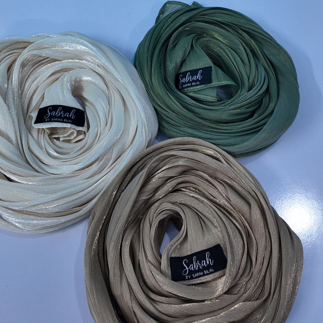 Caramel Brown, Pearl White & Olive Green — Warm, Luminous & Earthy Organza Silk Hijab Pack of 3 | Save PKR 600