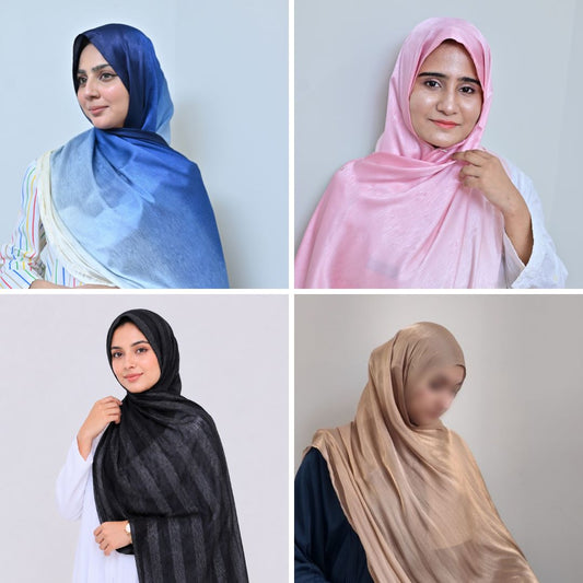 The Everyday Rotation Four — Nilofar Royal Blue + Bloosam Light Pink + Shab Black Stripe + Caramel Brown Organza | Pack of 4 | Save PKR 605
