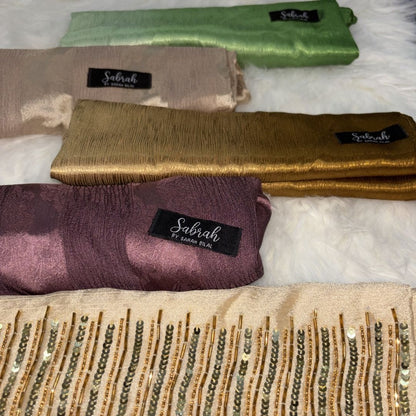 The Complete Wardrobe Set — Gold Handwork + Camel Ombré + Sage Green Ombré + Champagne Stripe + Lilac Stripe | Pack of 5 | Save PKR 1,000 + Free Delivery | Silk Hijab Bundle Pakistan