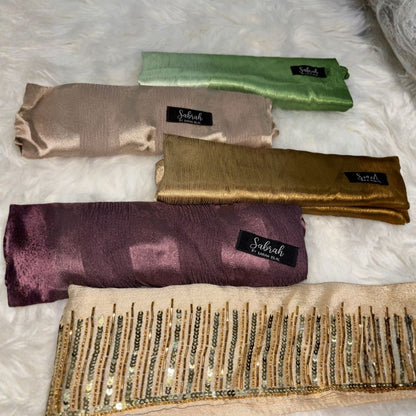 The Complete Wardrobe Set — Gold Handwork + Camel Ombré + Sage Green Ombré + Champagne Stripe + Lilac Stripe | Pack of 5 | Save PKR 1,000 + Free Delivery | Silk Hijab Bundle Pakistan