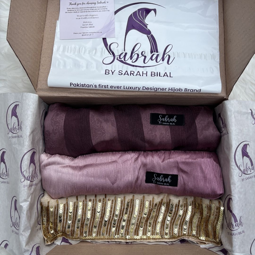 The Perfect Eid Set — Gold Handwork + Mauve Rose Ombré + Light Purple Stripe | Pack of 3 | Save PKR 700 | Eid Hijab Bundle Pakistan