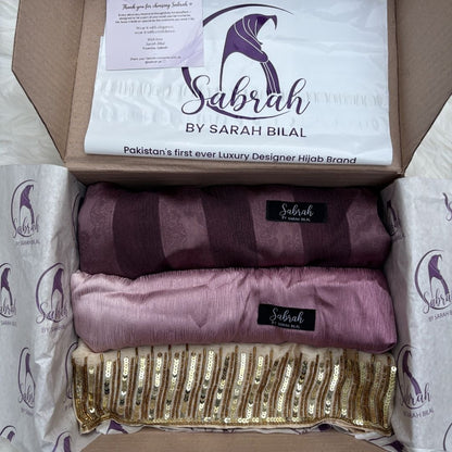 The Perfect Eid Set — Gold Handwork + Mauve Rose Ombré + Light Purple Stripe | Pack of 3 | Save PKR 700 | Eid Hijab Bundle Pakistan