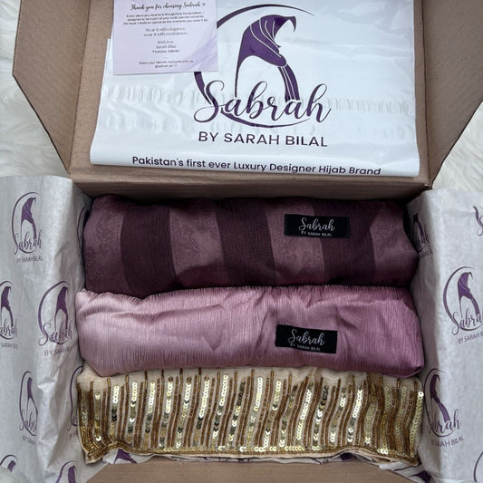 The Perfect Eid Set — Gold Handwork + Mauve Rose Ombré + Light Purple Stripe | Pack of 3 | Save PKR 700 | Eid Hijab Bundle Pakistan