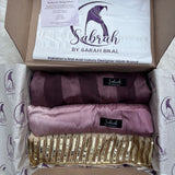 The Perfect Eid Set — Gold Handwork + Mauve Rose Ombré + Light Purple Stripe | Pack of 3 | Save PKR 700 | Eid Hijab Bundle Pakistan