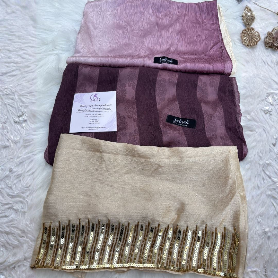 The Perfect Eid Set — Gold Handwork + Mauve Rose Ombré + Light Purple Stripe | Pack of 3 | Save PKR 700 | Eid Hijab Bundle Pakistan