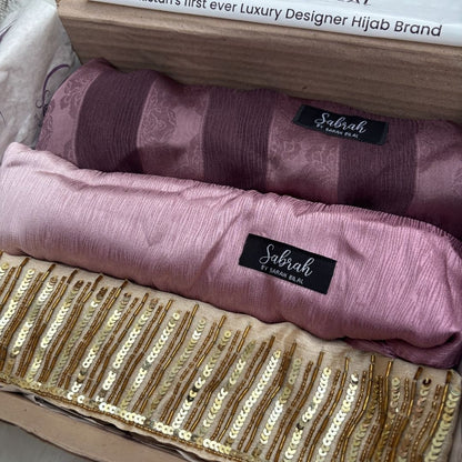 The Perfect Eid Set — Gold Handwork + Mauve Rose Ombré + Light Purple Stripe | Pack of 3 | Save PKR 700 | Eid Hijab Bundle Pakistan