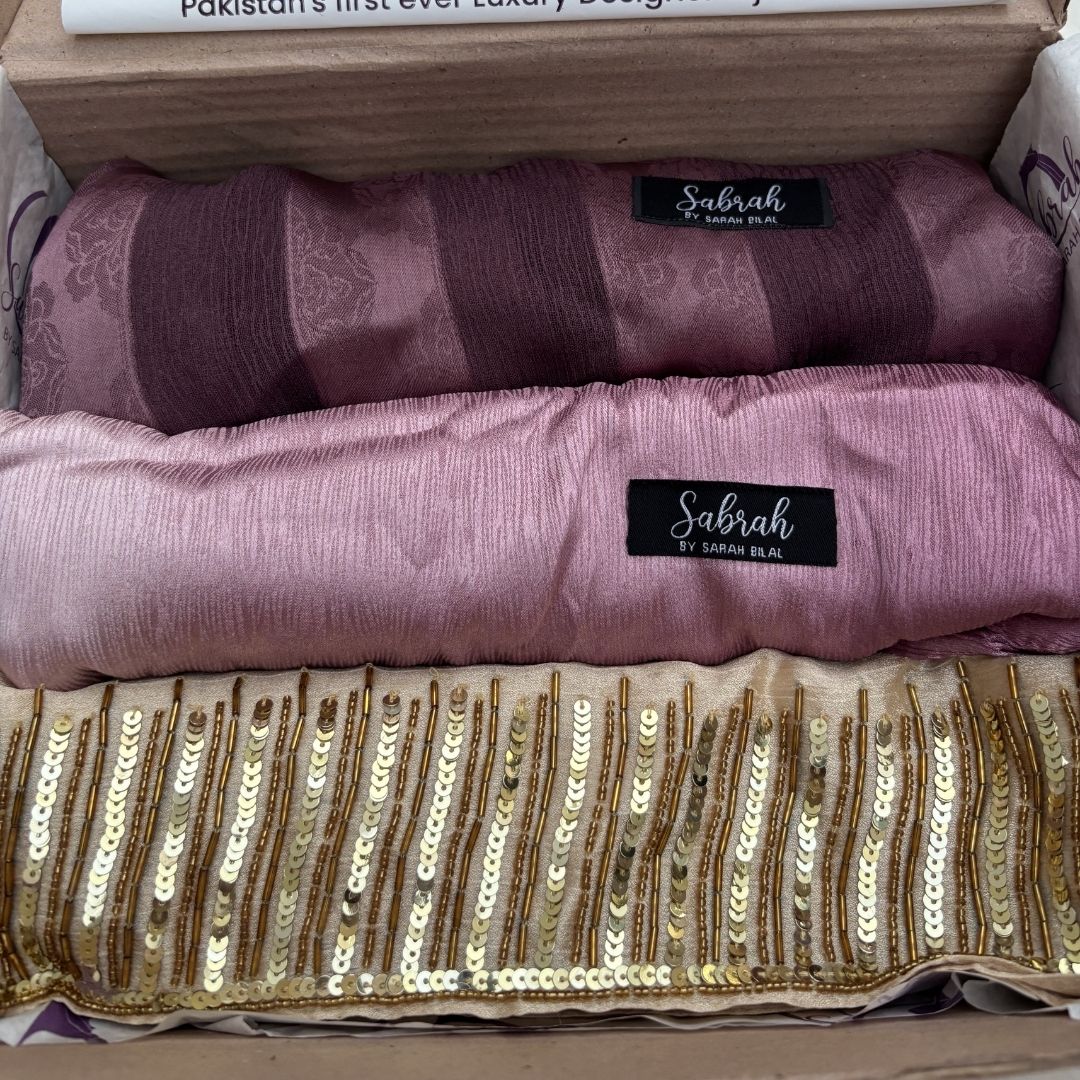 The Perfect Eid Set — Gold Handwork + Mauve Rose Ombré + Light Purple Stripe | Pack of 3 | Save PKR 700 | Eid Hijab Bundle Pakistan