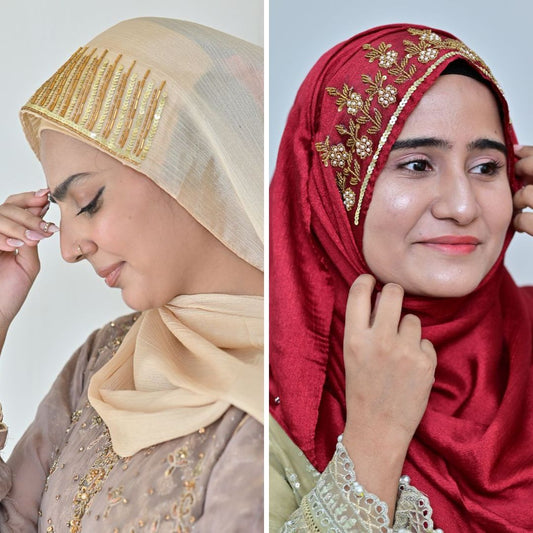 Gulrukh + Mehr — Red & Gold Designer Hijab Pack of 2 | Save PKR 500
