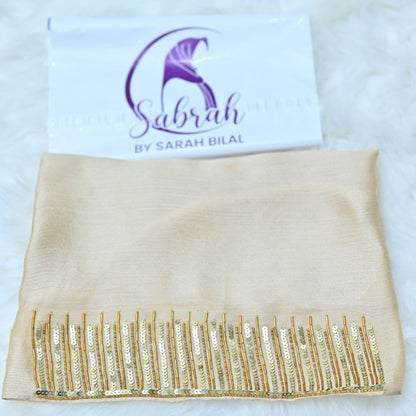 Mehr — Gold Handwork Crinkle Silk Hijab | Designer Hijab Pakistan