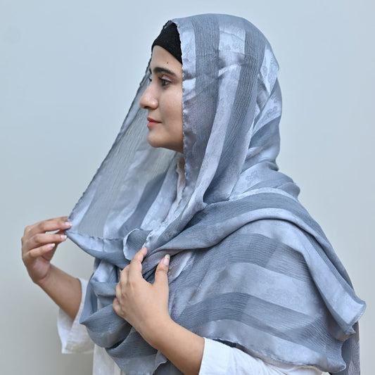 Silver Grey Jacquard Stripe Silk Hijab | Minimalist Luxury Silk Scarf Pakistan