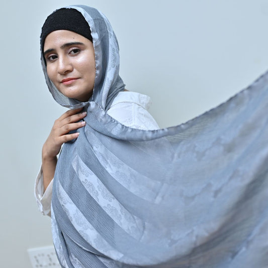 Silver Grey Jacquard Stripe Silk Hijab | Minimalist Luxury Silk Scarf Pakistan