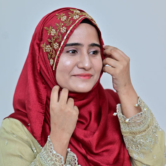 Gulrukh — Pearl & Gold Floral Handwork Crinkle Silk Hijab | Designer Scarf Pakistan