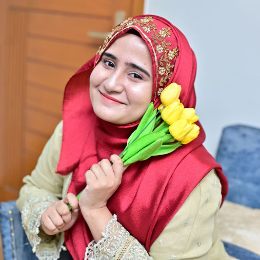 Gulrukh — Pearl & Gold Floral Handwork Crinkle Silk Hijab | Designer Scarf Pakistan