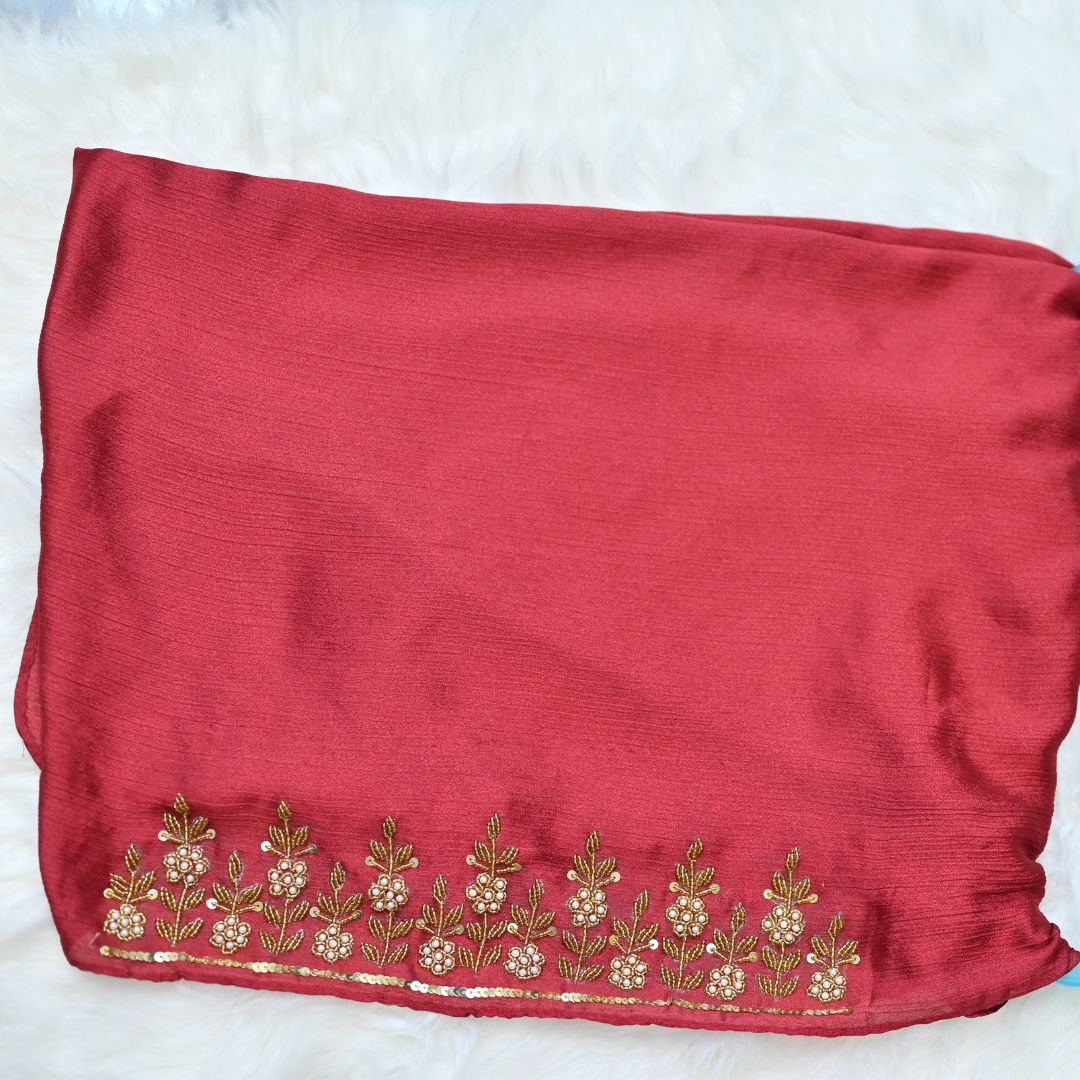 Gulrukh — Pearl & Gold Floral Handwork Crinkle Silk Hijab | Designer Scarf Pakistan