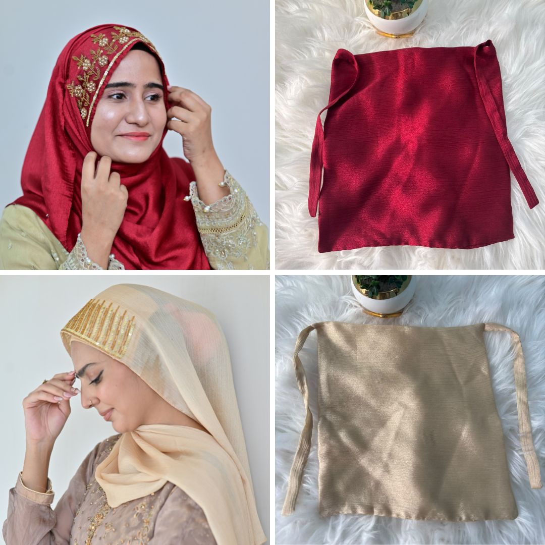 Gulrukh + Mehr with Naqab — Red & Ivory Goldwork Designer Hijab Pack of 2 | Save PKR 500