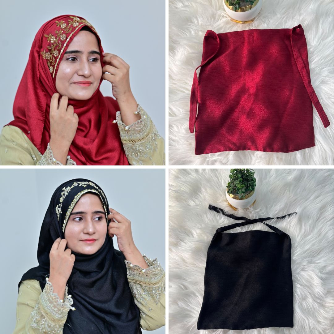 Gulrukh + Nazneen with Naqab — Red & Black Designer Hijab Pack of 2 | Save PKR 500