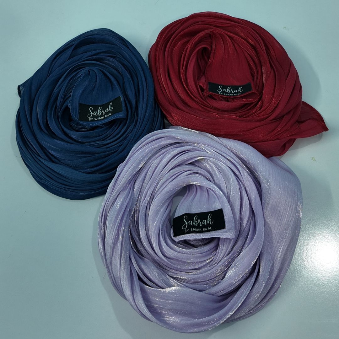 Lilac Love, Royal Blue & Cherry Red — Soft, Bold & Festive Organza Silk Hijab Pack of 3 | Save PKR 600