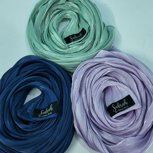Lilac Love, Royal Blue & Mint Green — Pastel, Deep & Fresh Organza Silk Hijab Pack of 3 | Save PKR 600