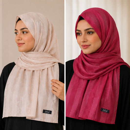 Maroon & Champagne Striped Silk Hijab Pack of 2 | Save PKR 300