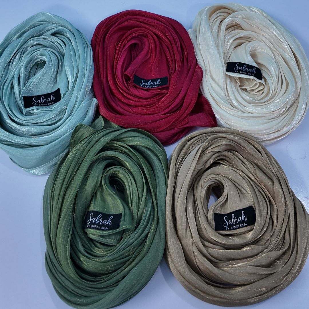 Mint Green, Cherry Red, Pearl White, Olive Green & Caramel Brown — Fresh to Festive Organza Silk Hijab Pack of 5 | Save PKR 1,150 + Free Delivery