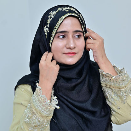 Nazneen — Kora Goldwork Floral Vine Crinkle Silk Hijab | Handcrafted Luxury Hijab Pakistan