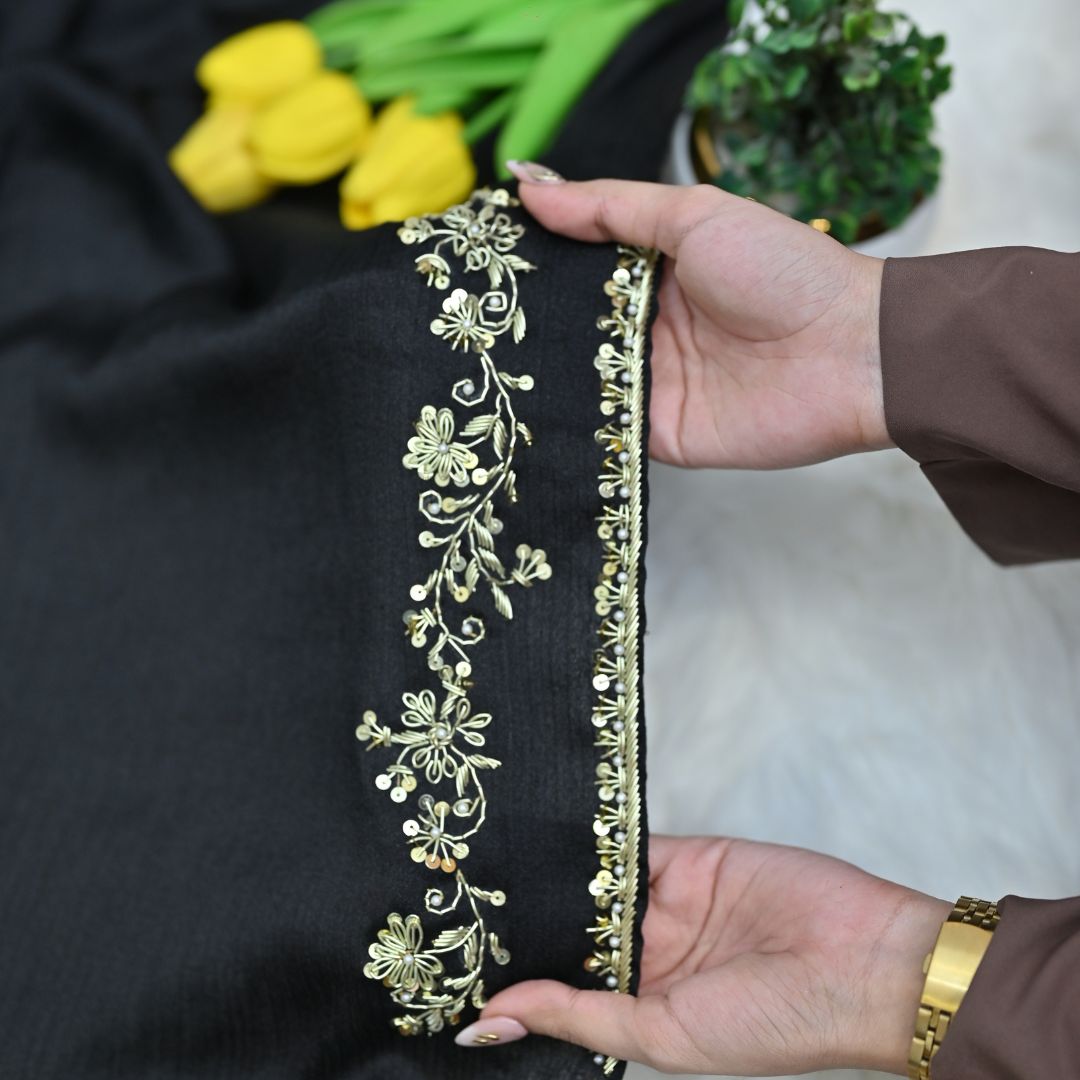 Nazneen — Kora Goldwork Floral Vine Crinkle Silk Hijab | Handcrafted Luxury Hijab Pakistan