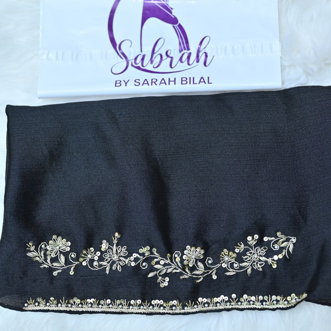 Nazneen — Kora Goldwork Floral Vine Crinkle Silk Hijab | Handcrafted Luxury Hijab Pakistan