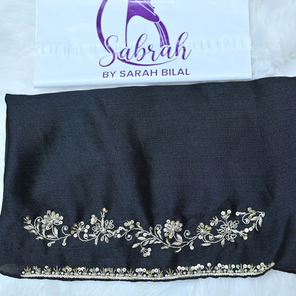 Nazneen — Kora Goldwork Floral Vine Crinkle Silk Hijab | Handcrafted Luxury Hijab Pakistan