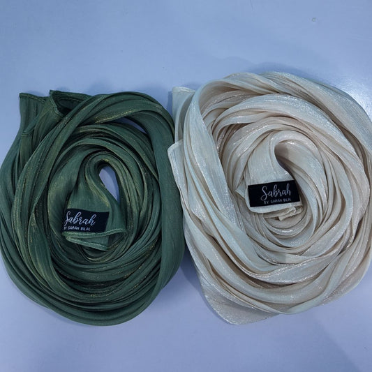 Olive Green + Pearl White — Earthy & Luminous Organza Silk Hijab Pack of 2 | Save PKR 400