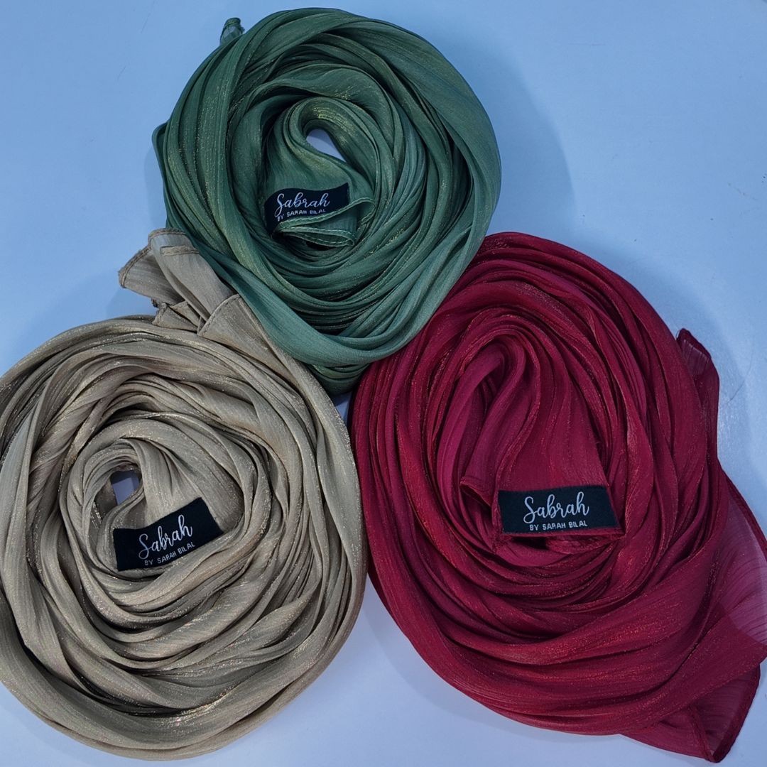 Olive Green, Caramel Brown & Cherry Red — Earthy, Warm & Festive Organza Silk Hijab Pack of 3 | Save PKR 600