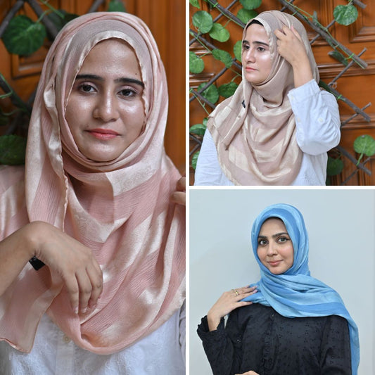 Sky Blue, Peach & Skin Striped Silk Hijab Pack of 3 | Save PKR 700