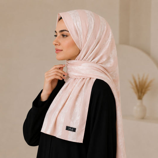 Bahar — Peach Jacquard Stripe Silk Hijab | Bridal Silk Scarf Pakistan