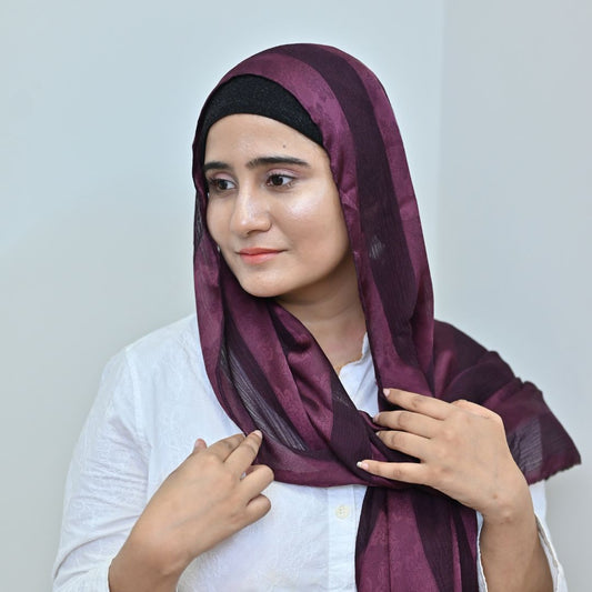 Plum Tonal Stripe Silk Hijab | Bold Designer Hijab Pakistan
