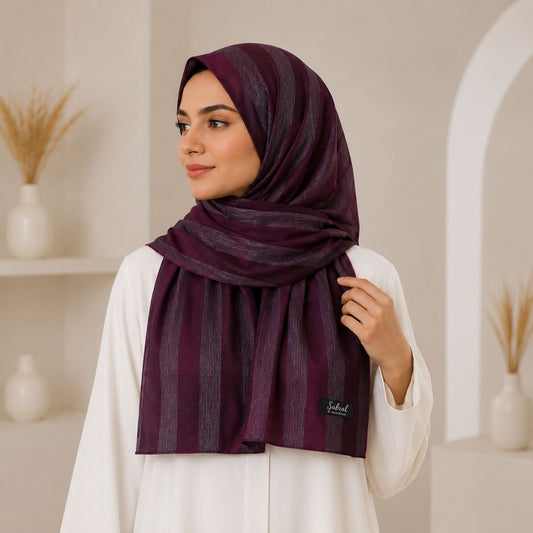 Jawhar — Plum Tonal Stripe Silk Hijab | Bold Designer Hijab Pakistan