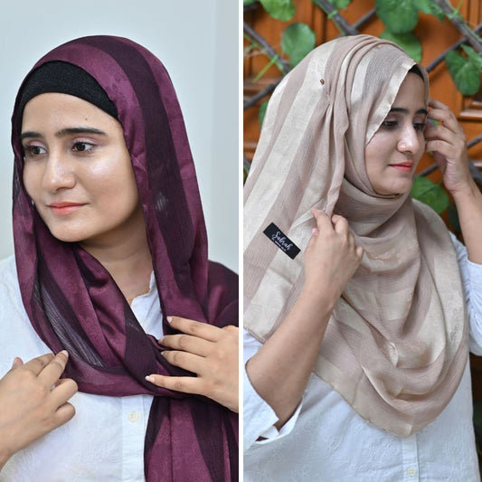 Plum & Skin Striped Silk Hijab Pack of 2 | Save PKR 500