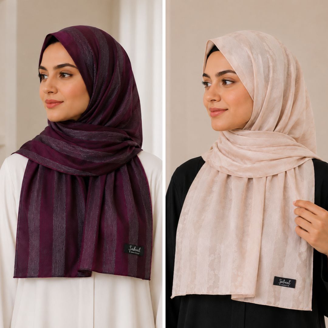 Plum & Champagne Striped Silk Hijab Pack of 2 | Save PKR 300