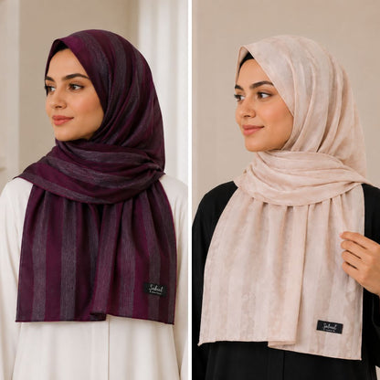 Plum & Champagne Striped Silk Hijab Pack of 2 | Save PKR 300