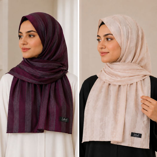 Plum & Champagne Striped Silk Hijab Pack of 2 | Save PKR 300