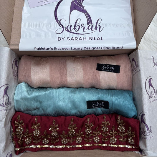 The Wedding Season Edit — Red Pearl Embroidery + Blush Teal Ombré + Peach Stripe | Pack of 3 | Save PKR 700 | Wedding Hijab Set Pakistan