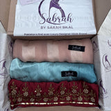 The Wedding Season Edit — Red Pearl Embroidery + Blush Teal Ombré + Peach Stripe | Pack of 3 | Save PKR 700 | Wedding Hijab Set Pakistan
