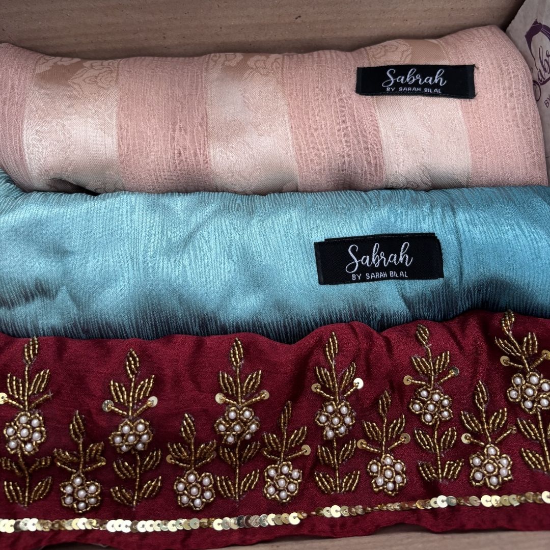 The Wedding Season Edit — Red Pearl Embroidery + Blush Teal Ombré + Peach Stripe | Pack of 3 | Save PKR 700 | Wedding Hijab Set Pakistan