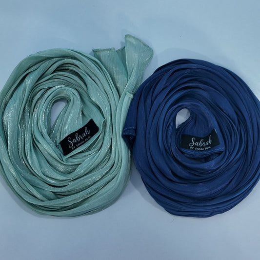 Royal Blue + Mint Green — Bold & Fresh Organza Silk Hijab Pack of 2 | Save PKR 400