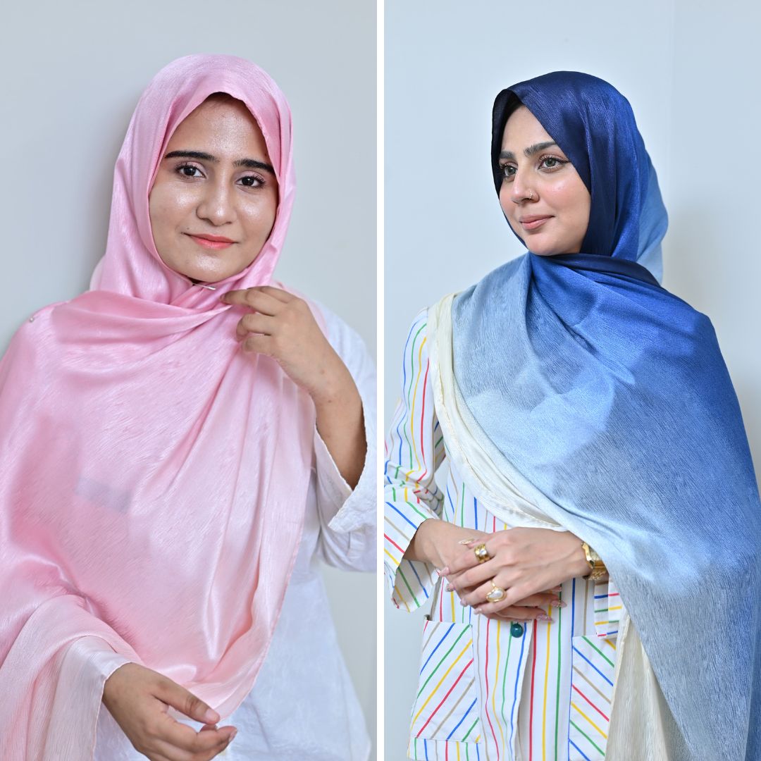 Bloosam + Nilofar — Light Pink & Royal Blue Ombré Silk Pack of 2 | Save PKR 400